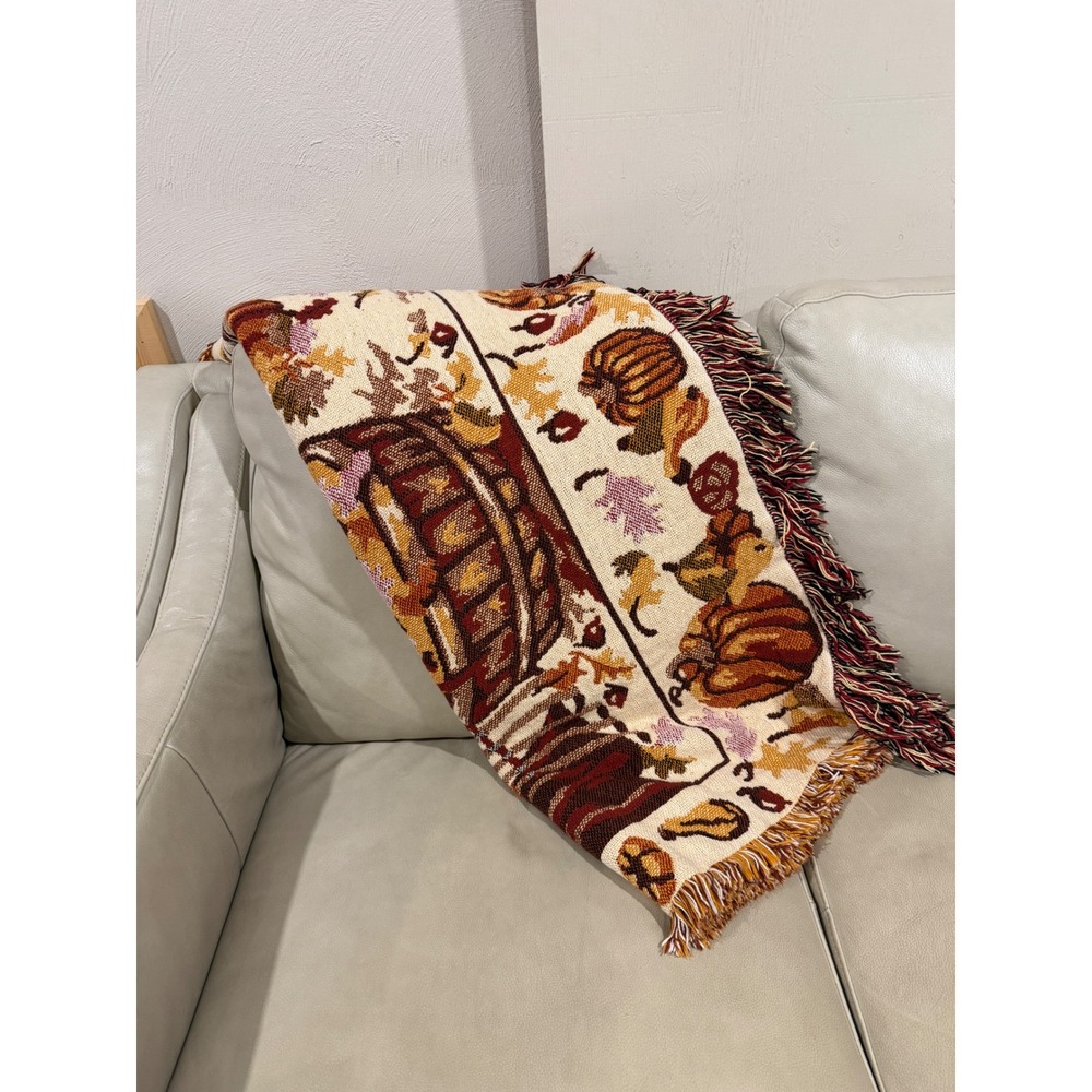 Vintage Autumn Harvest Woven Tapestry Throw Blanket Barn Pumpkin Fall Decor